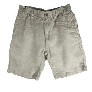 Caribbean Mens 100% Linen Flat Front Shorts 33 Light Khaki Elastic Waist